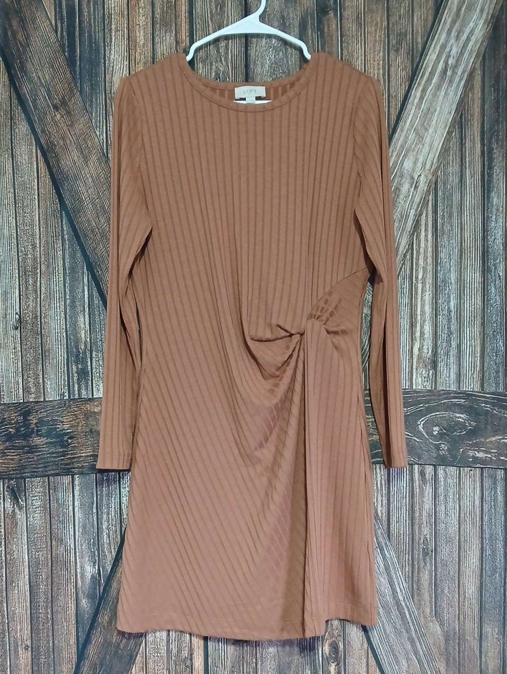 LOFT Long-Sleeve Twist-Front Ribbed Dress in Dusty Rose Brown